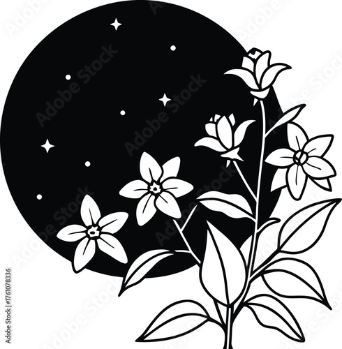 Night blooming jasmine garden under moonlight illustration on transparent background