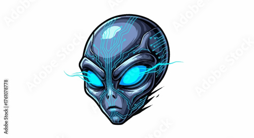 Futuristic alien face with glowing circuit patterns and piercing blue eyes, a modern digital art piece perfect for sci-fi enthusiasts and tech brands