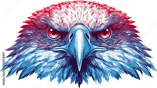 Intense eagle head illustration in patriotic red, white, and blue hues. Powerful gaze, sharp beak, symbolizes strength, freedom, and national pride.