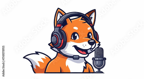 Adorable fox mascot streaming with headset and microphone for esports, gaming, or podcasting channel artwork and branding opportunities
