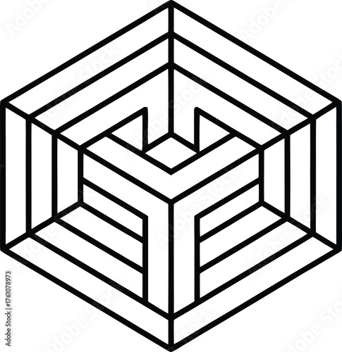 Optical illusion cube maze for adult coloring illustration on transparent background