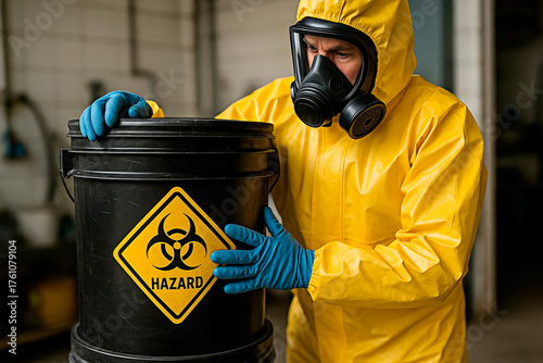 A person in hazmat suit handle toxic substance barrel for safety and hazard concept.