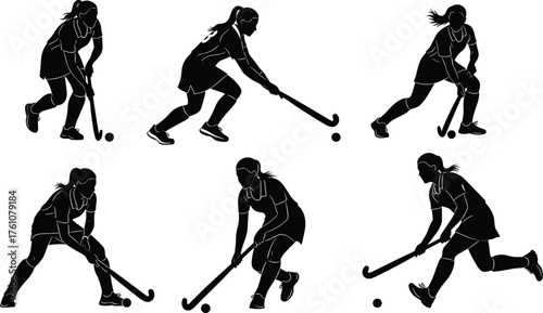 Field hockey silhouettes, female athletes, sports action, black vector, dynamic poses, stick and ball, dribbling, striking, defense, illustration set