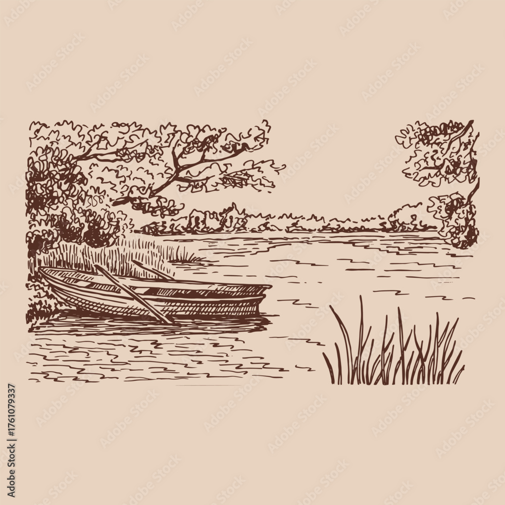 Naklejka premium Boat on the lake. Hand drawn vector illustration.