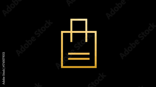 Golden minimalist outline shopping bag icon on black background, luxury retail symbol for commerce and premium online store