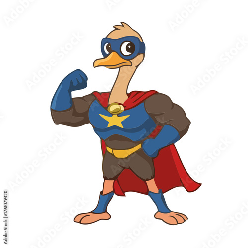 Cartoon superhero ostrich flexing muscles in colorful costume