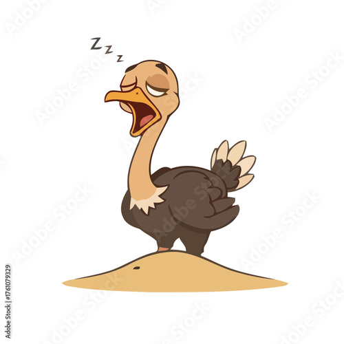 Cartoon ostrich sleeping on a mound with a peaceful expression