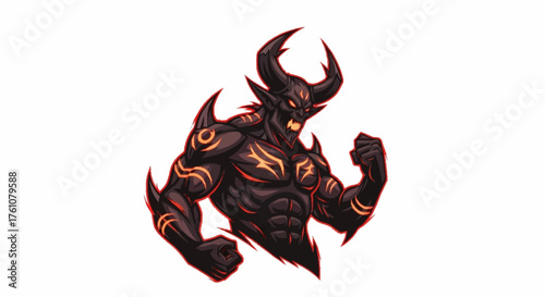 Powerful demon character with glowing markings for fantasy game asset design and dark themed projects requiring a fierce, intimidating villain illustration