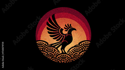 Stylized phoenix illustration, mythical bird icon with soaring wings, rising from abstract waves, vibrant red and orange circular sun background, digital art.