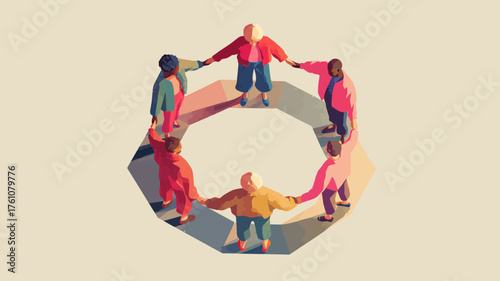 Diverse group of people holding hands in a circle, representing unity, teamwork, and global connection. Modern flat illustration.