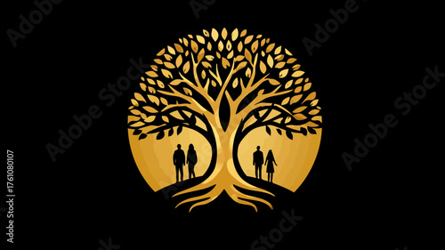 Golden Tree of Life symbol with family silhouettes, an elegant abstract illustration representing growth, connection, generations, and community.