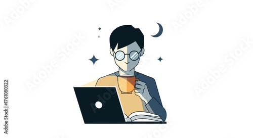 Stylized illustration of a person with glasses working on a laptop at night holding a mug.