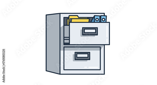 A simple line art illustration of a two-drawer office filing cabinet with an open drawer full of folders and binders.