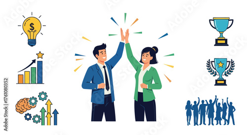 Business success and achievement vector icons with high-fiving team.