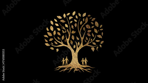 Elegant golden tree of life illustration with human figures at its base, symbolizing family, heritage, and connection on black.