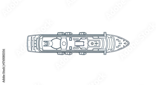 A detailed top-down schematic line drawing of a large modern passenger cruise ship.