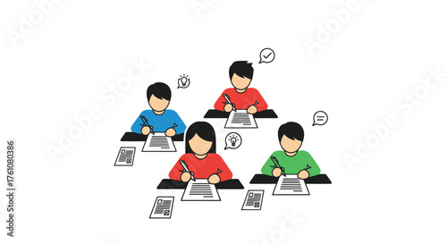 Group of Students Taking a Test or Exam Cartoon Style Illustration.