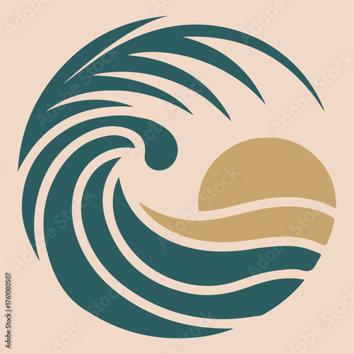 Stylized abstract wave and sun logo design in teal and gold on a light background