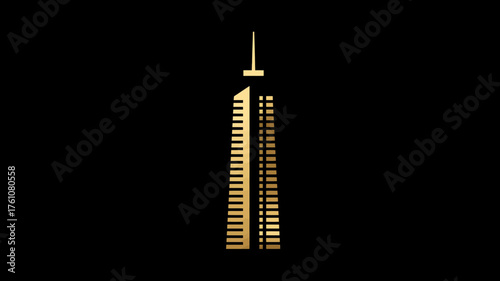 Golden skyscraper icon on black, symbolizing modern architecture, urban development, luxury, finance, corporate success, and ambition.