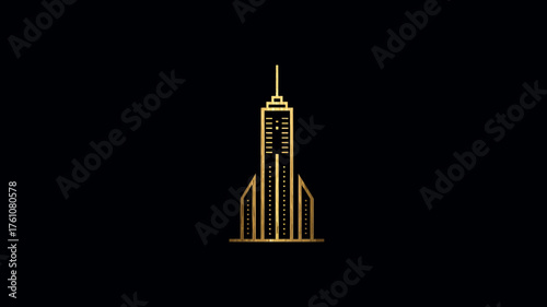 Luxurious golden outline skyscraper illustration on black background, modern architecture, elegant minimalist city building design