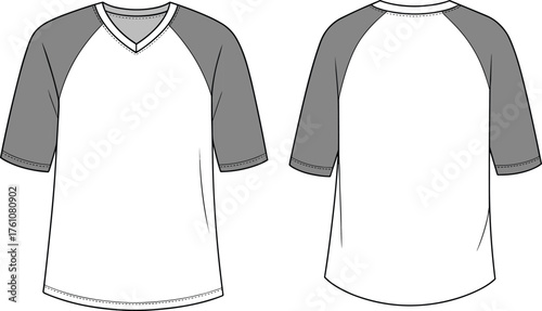 Front and Back View of White and Gray Raglan T-Shirt with V-Neck and Visible Stitching for Apparel Design