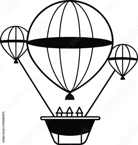 Steampunk air balloon fleet coloring art illustration on transparent background