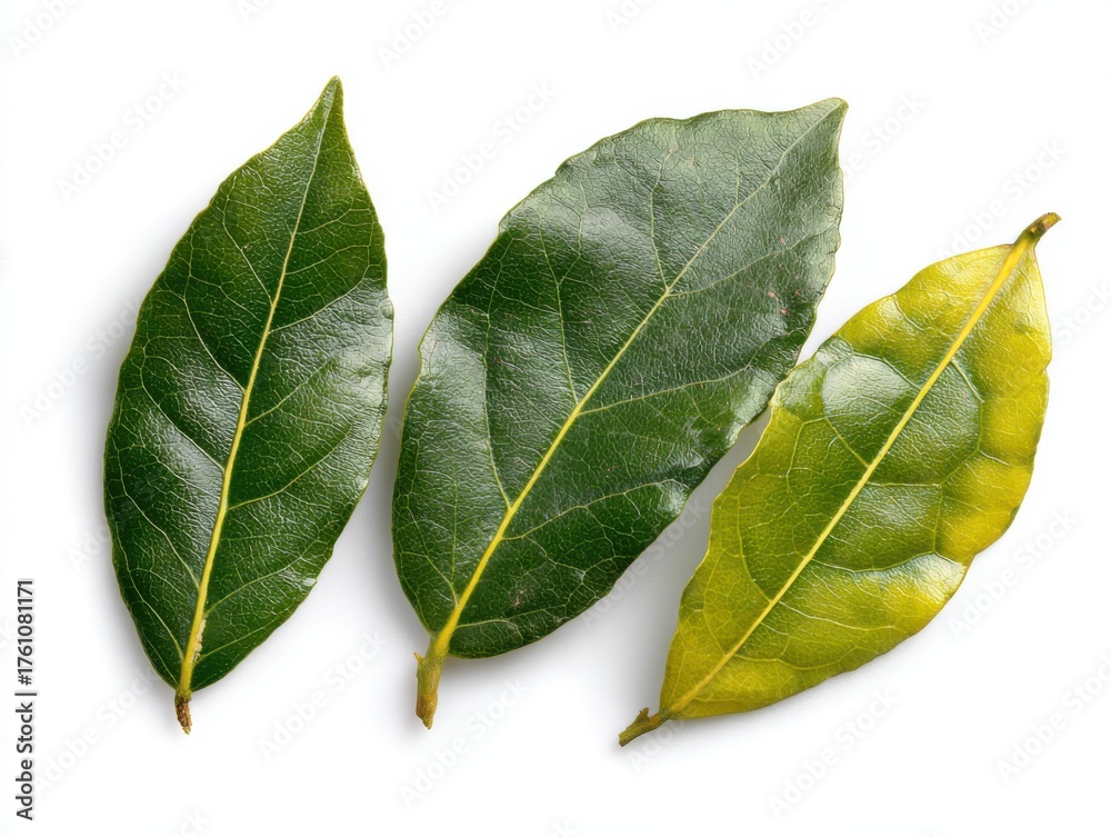 Obraz premium Fresh lemon slices and bay leaves arranged elegantly on a clean white background. This vibrant composition evokes a sense of freshness and culinary inspiration perfect for recipes.