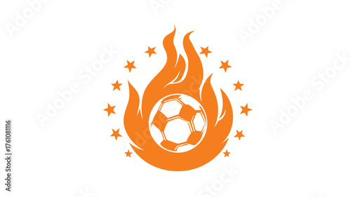 Fiery soccer ball icon with blazing flames and stars, symbolizing dynamic sports, competitive spirit, passion, and powerful game energy.
