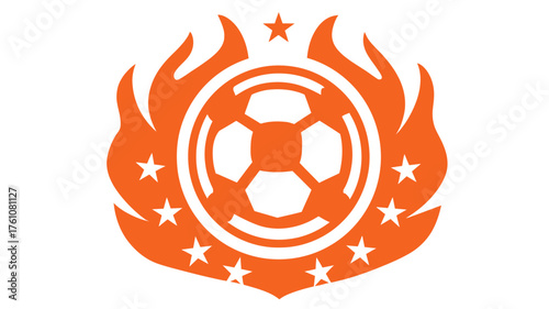 Fiery orange soccer ball emblem with stars, dynamic sport club or team logo concept, championship tournament graphic.