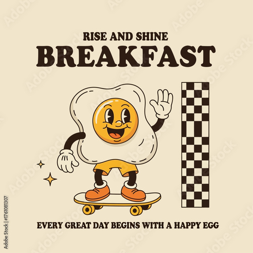 Vintage 70s illustration of a cheerful fried egg character skateboarding. A retro groovy mascot design for a happy and positive start to the day