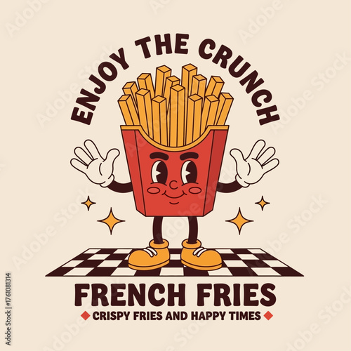 Retro cartoon French fries mascot character with a happy smiling face. Vintage fast food illustration with typography