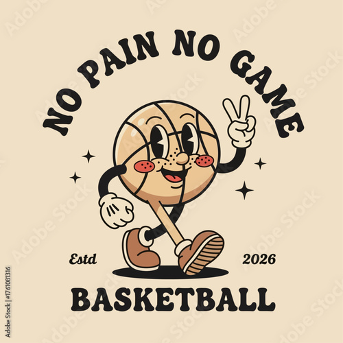 Retro cartoon basketball character walking and giving a peace sign. Vintage mascot illustration for sports and t-shirt design
