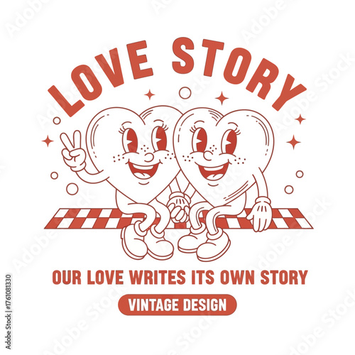 Charming vintage illustration of two cartoon heart characters symbolizing a happy and romantic love story