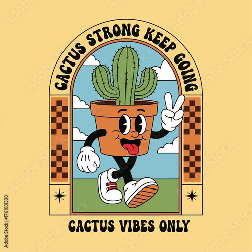 Quirky anthropomorphic saguaro cactus character in a pot, a retro mascot design with a peace sign, isolated on a yellow background