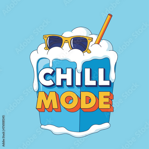 Cool summer illustration with 'Chill Mode' slogan on a frozen blue drink with slush, sunglasses, and a straw for a relaxing vibe