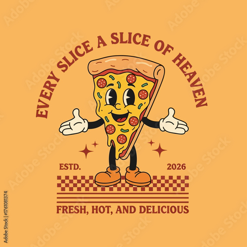 Cute and cheerful pizza slice character in a vintage cartoon style, perfect for food-related branding and advertising materials