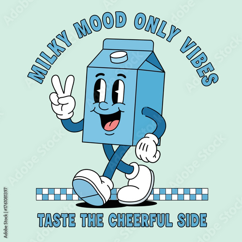A cheerful retro milk carton character in a groovy vintage cartoon style, walking with a happy smile and a peace sign