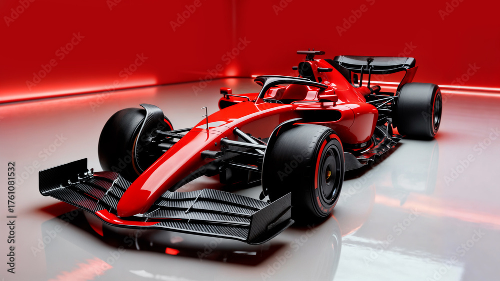 Obraz premium Red Formula 1 Car in Modern Studio with Dramatic Lighting