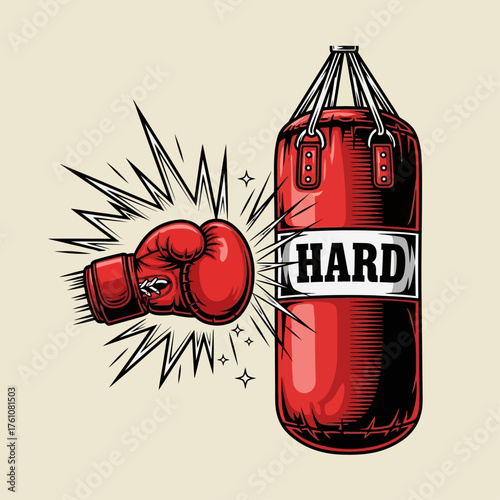 Colorful retro boxing fight concept with red boxing glove hitting punching bag on light background vector illustration