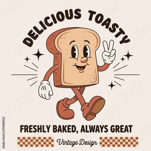 A cheerful walking slice of bread character in a retro cartoon style. Vintage mascot design for a bakery or food branding