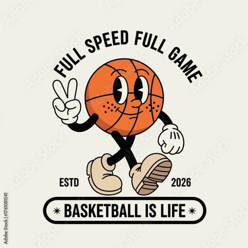 A retro cartoon basketball character walking and making a peace sign, a vintage mascot illustration for sports teams or t-shirt designs