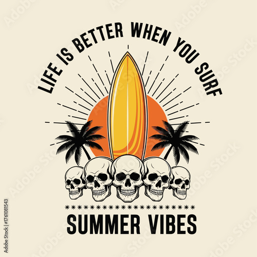 Edgy summer surfing emblem featuring a surfboard against a tropical sunset with palm trees and skulls