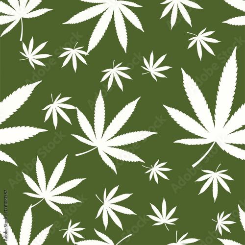 Seamless vector pattern of white cannabis sativa leaves scattered randomly on a dark green background for fabric or wallpaper design