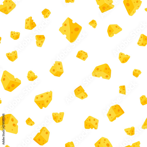 A playful seamless pattern of cartoon yellow cheese pieces with holes, floating on a white background. A fun dairy food vector illustration for creative projects