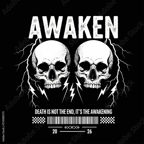 Streetwear design concept with two human skulls and electric lightning bolts. A dark vector art illustration for apparel with an awakening theme