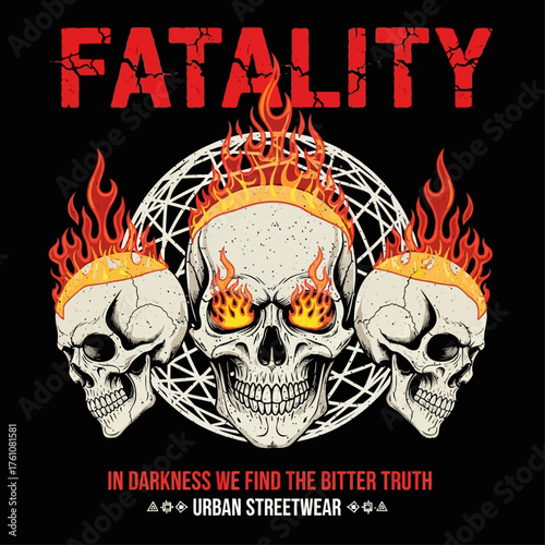 Urban streetwear t-shirt design featuring three burning skulls on a wireframe sphere, a dark art vector illustration
