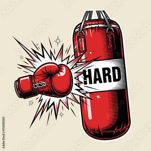A powerful red boxing glove lands a hard punch on a heavy bag in a dynamic retro comic style illustration
