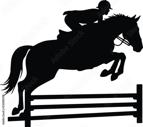 Horse jumping silhouette, equestrian rider in mid-air, athletic horse leap, competitive sport scene, black vector illustration, dynamic motion posture
