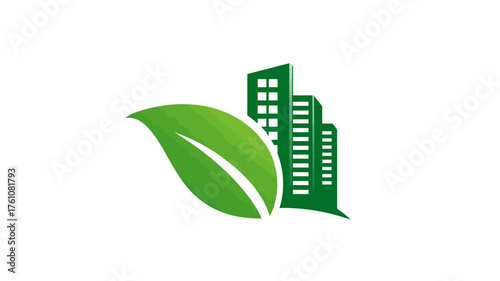 Eco-friendly city concept with green leaf and modern buildings illustration, representing sustainable urban development and nature integration