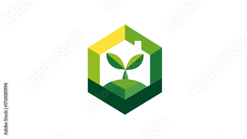Eco-friendly home and plant growth within a green hexagonal symbol. Sustainable living, environmental care, and nature protection concept.